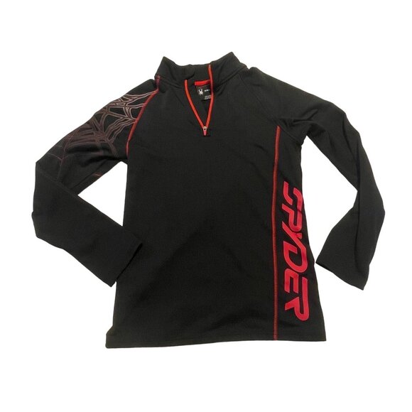 Spyder Black & Red Quarter Zip Pullover With Spider Web Sleeve Boys Medium - Picture 1 of 13